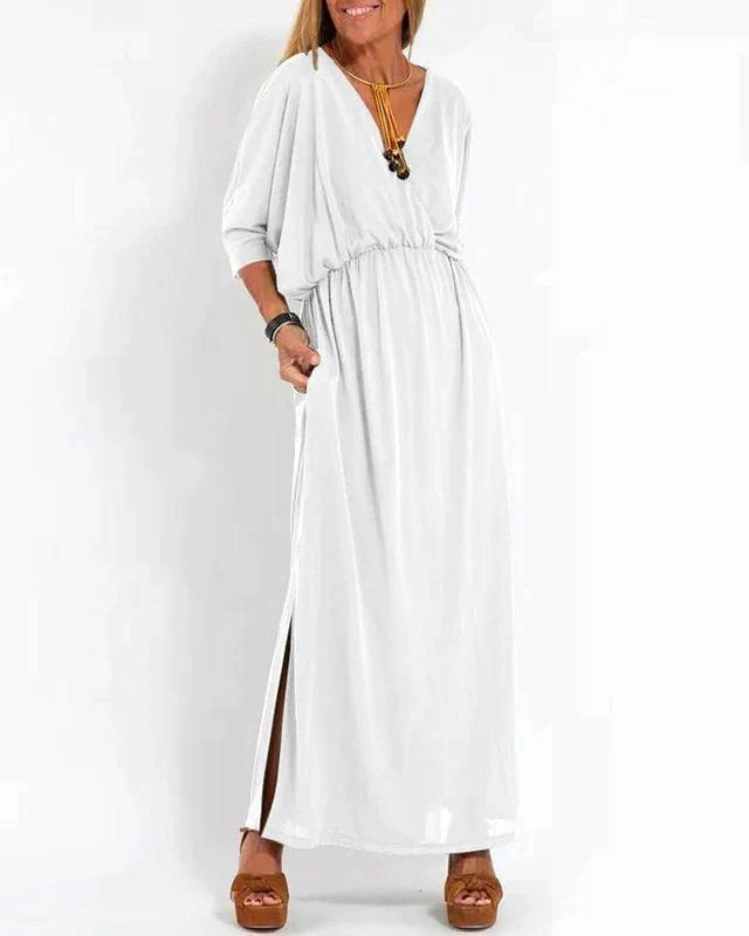 Maxi Dress Batwing Sleeves Elastic Waist Summer - White