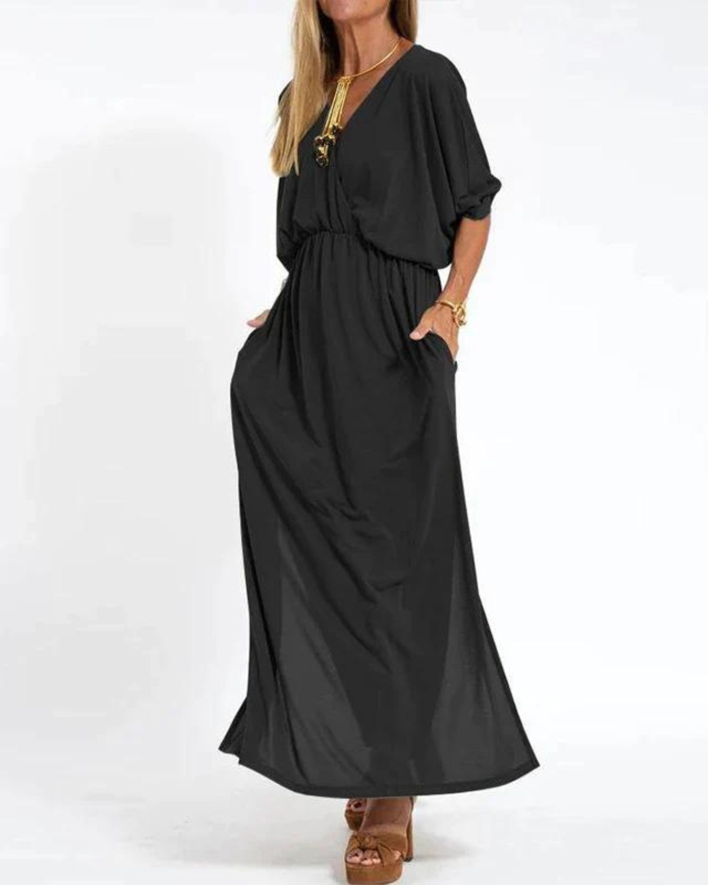 Maxi Dress Batwing Sleeves Elastic Waist Summer - Black