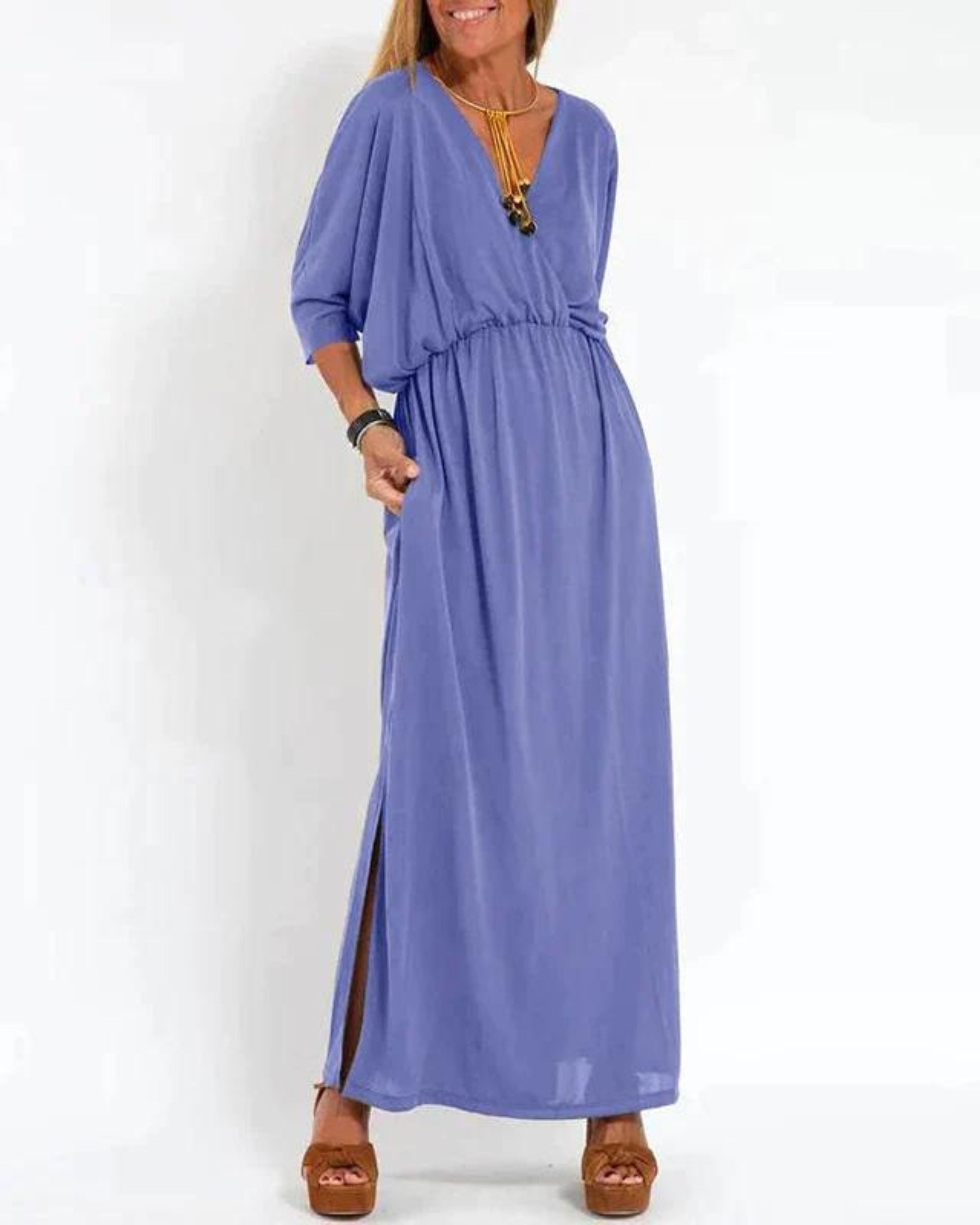 Maxi Dress Batwing Sleeves Elastic Waist Summer - Blue