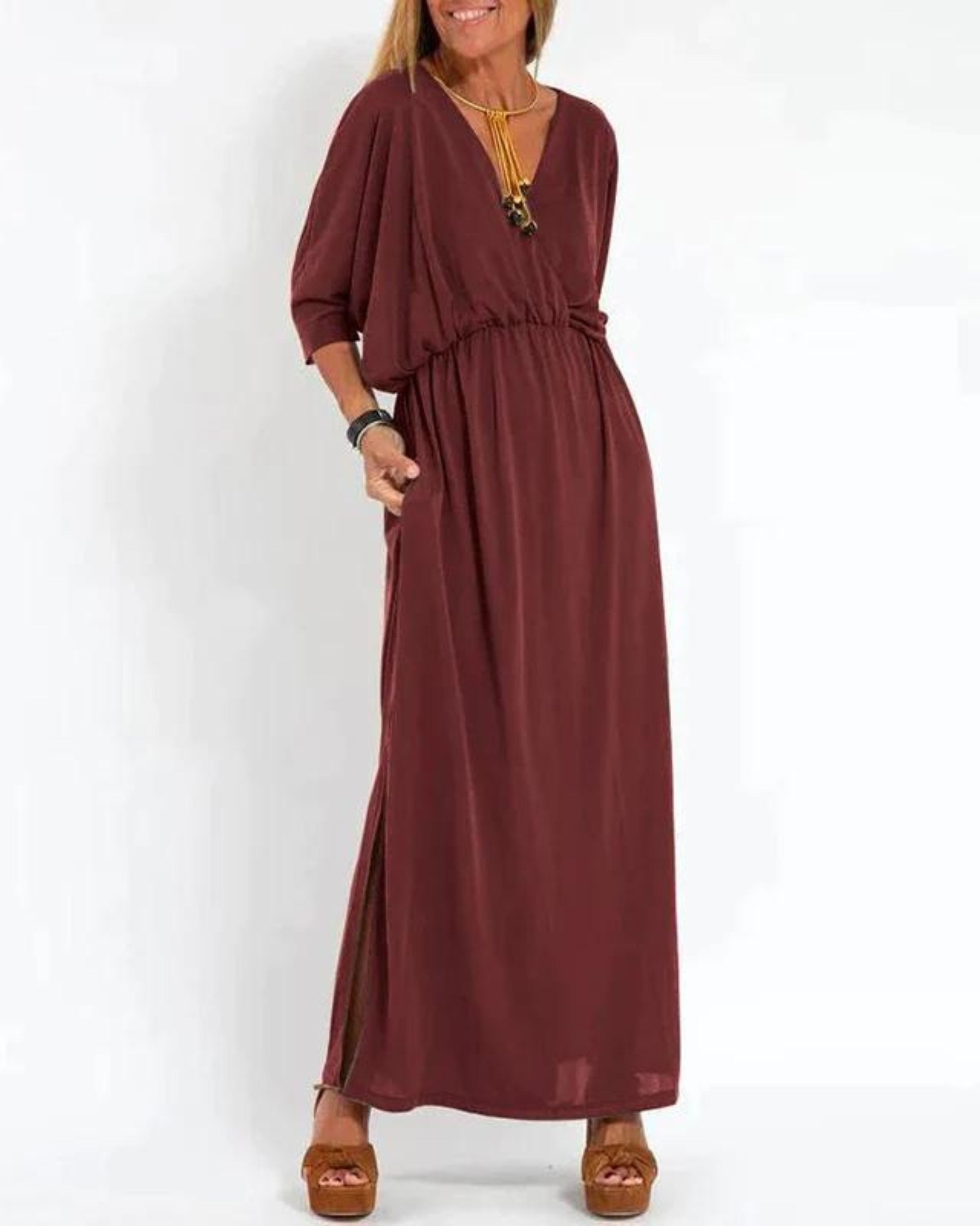 Maxi Dress Batwing Sleeves Elastic Waist Summer - Red