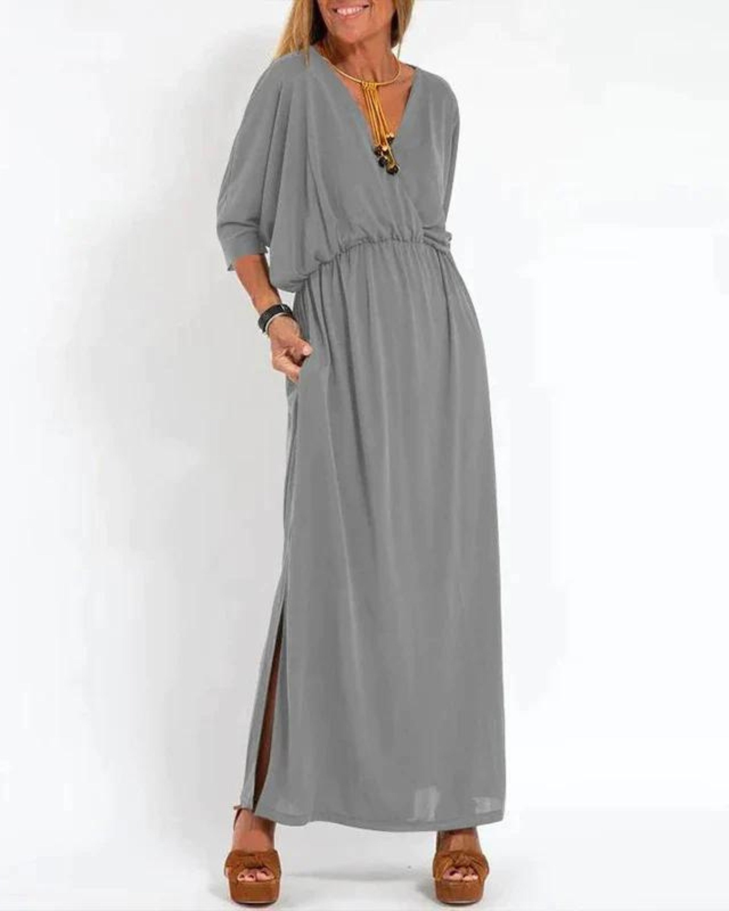 Maxi Dress Batwing Sleeves Elastic Waist Summer - Light Gray
