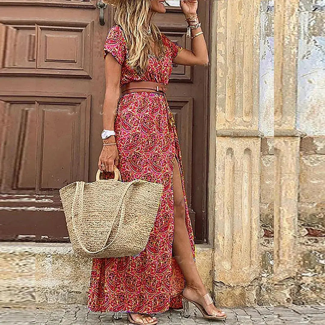 Maxi Dress Bohemian Gathered Waist Breathable Summer - Pink
