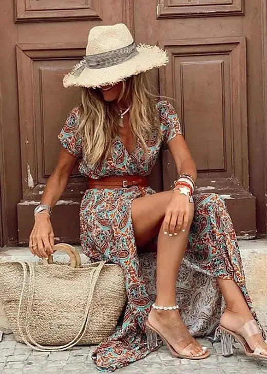 Maxi Dress Bohemian Gathered Waist Breathable Summer