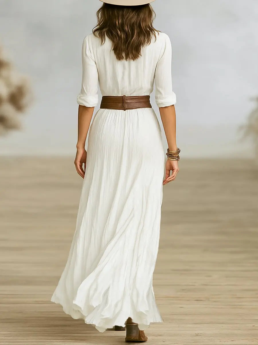 Maxi Dress Deep V-Neck Button Front Belted Bohemian Style