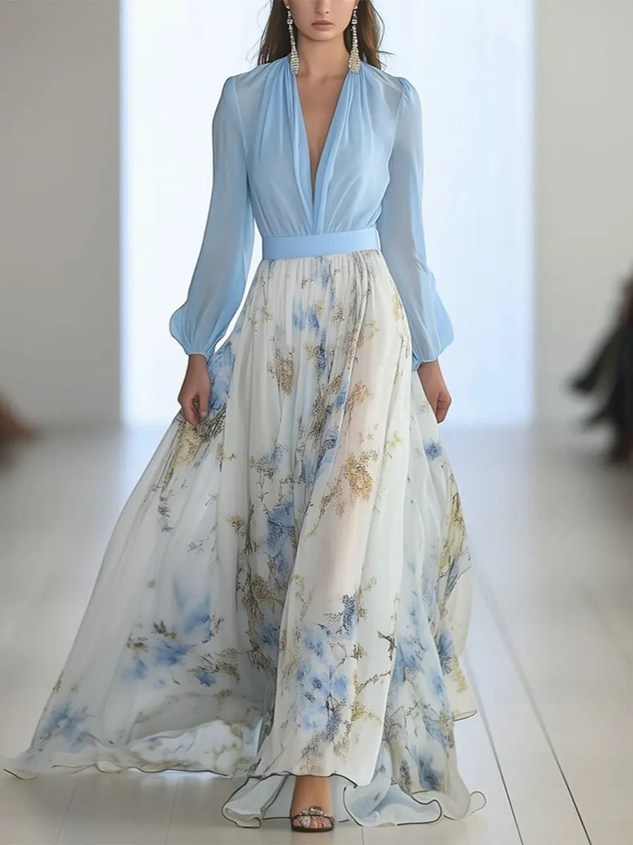Maxi Dress Deep V-Neck Long Sleeve Floral Print Flowing