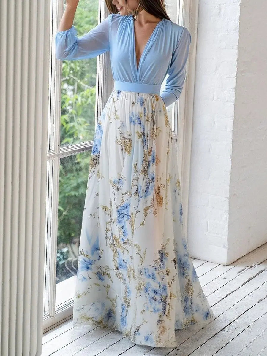 Maxi Dress Deep V-Neck Long Sleeve Floral Print Flowing