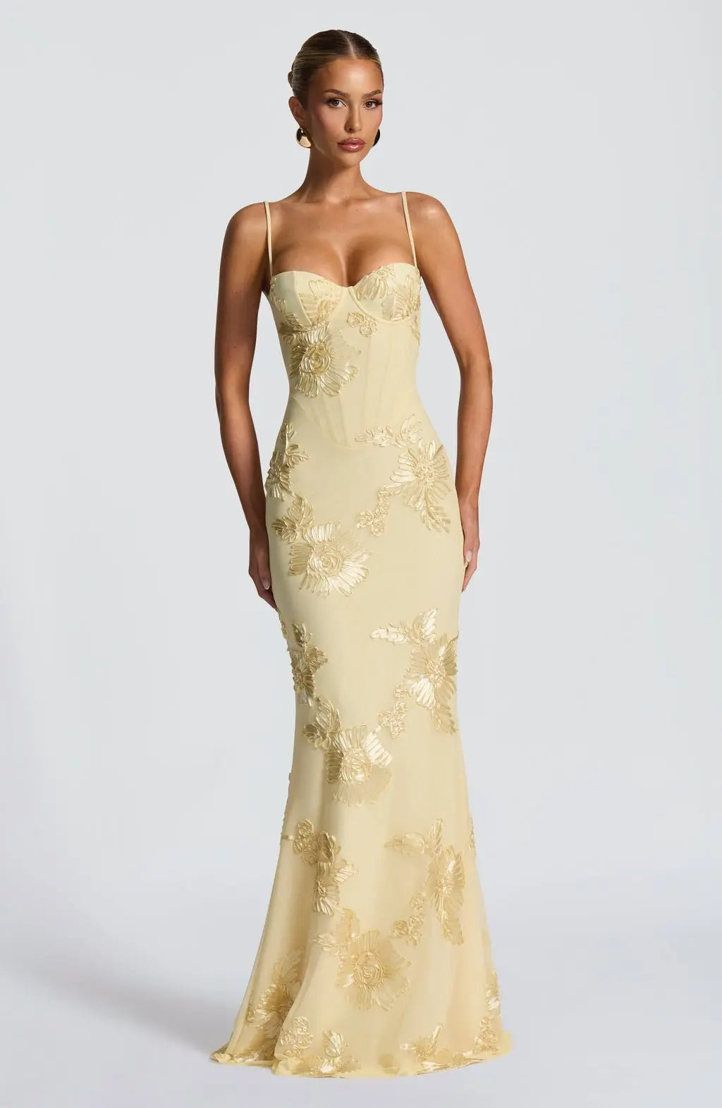 Maxi Dress Floral Embroidered Corset Spaghetti Strap - Yellow