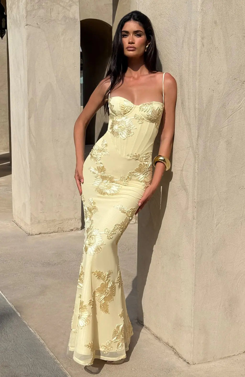 Maxi Dress Floral Embroidered Corset Spaghetti Strap