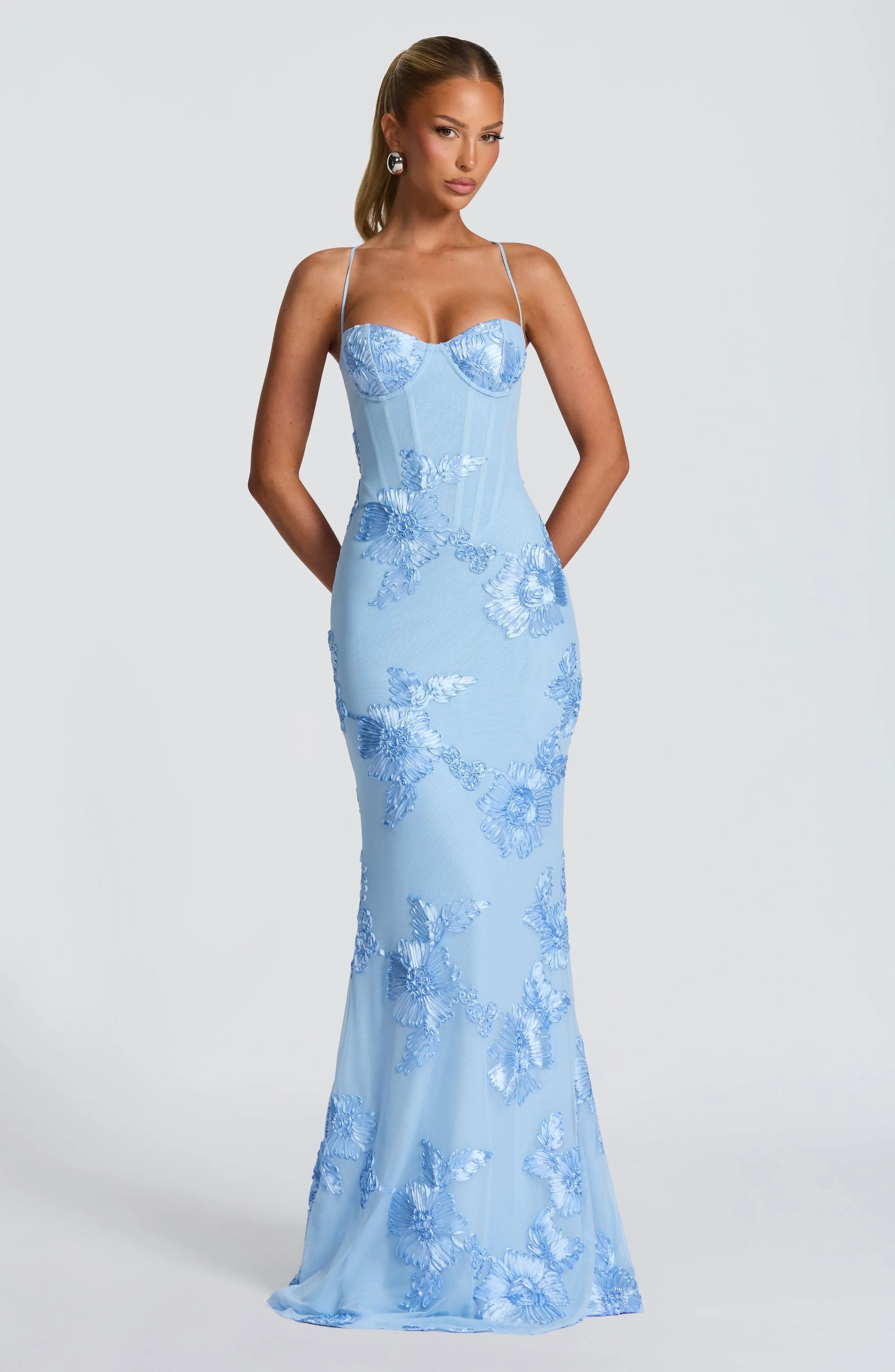 Maxi Dress Floral Embroidered Corset Spaghetti Strap - Light Blue