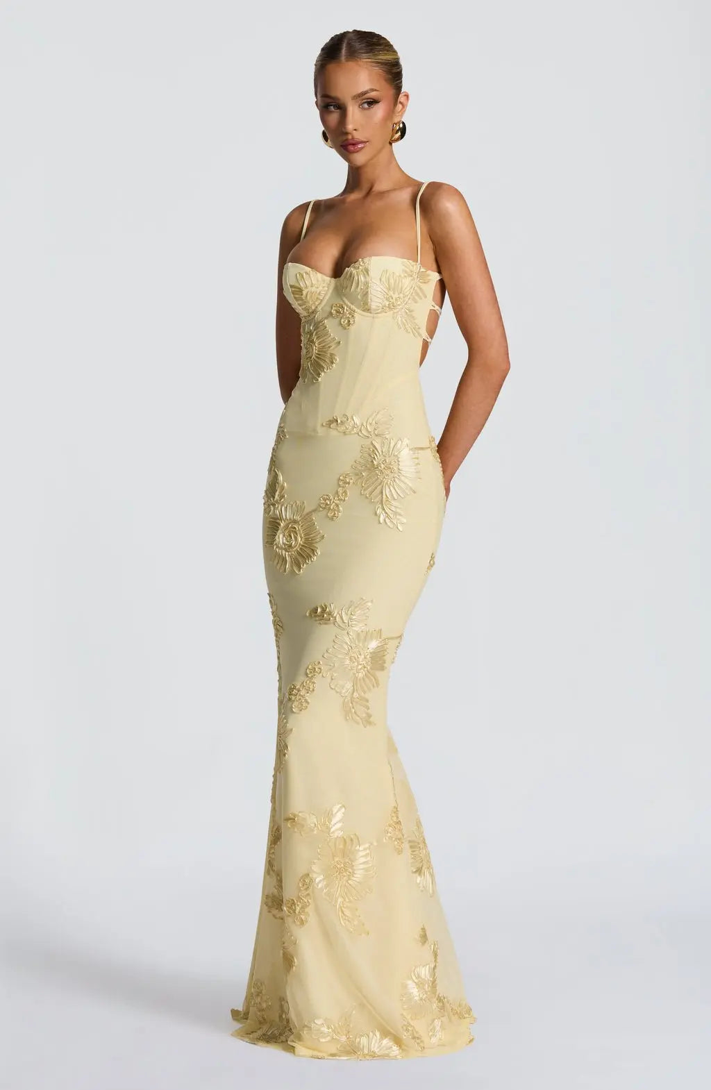 Maxi Dress Floral Embroidered Corset Spaghetti Strap
