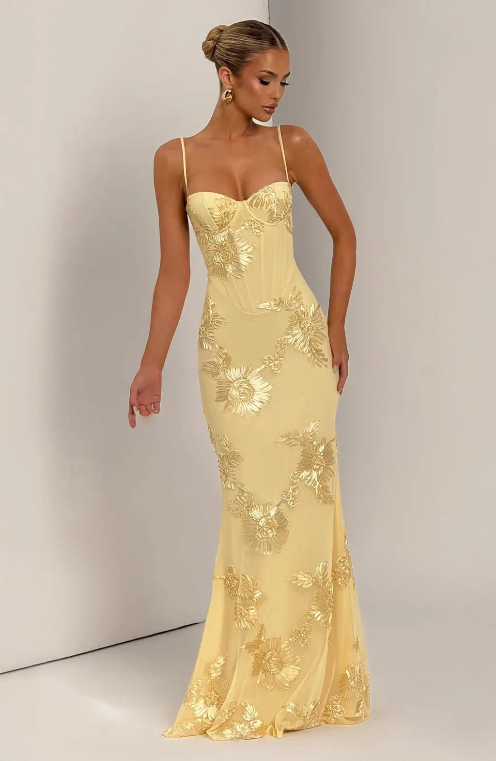 Maxi Dress Floral Embroidered Corset Spaghetti Strap