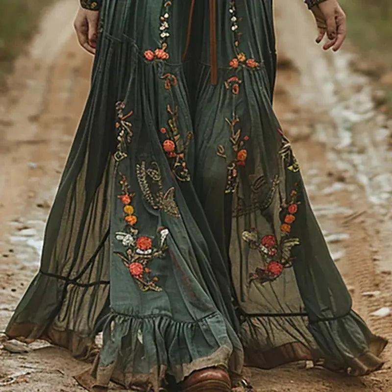Maxi Dress Floral V-Neck Long Sleeve Bohemian Pleated