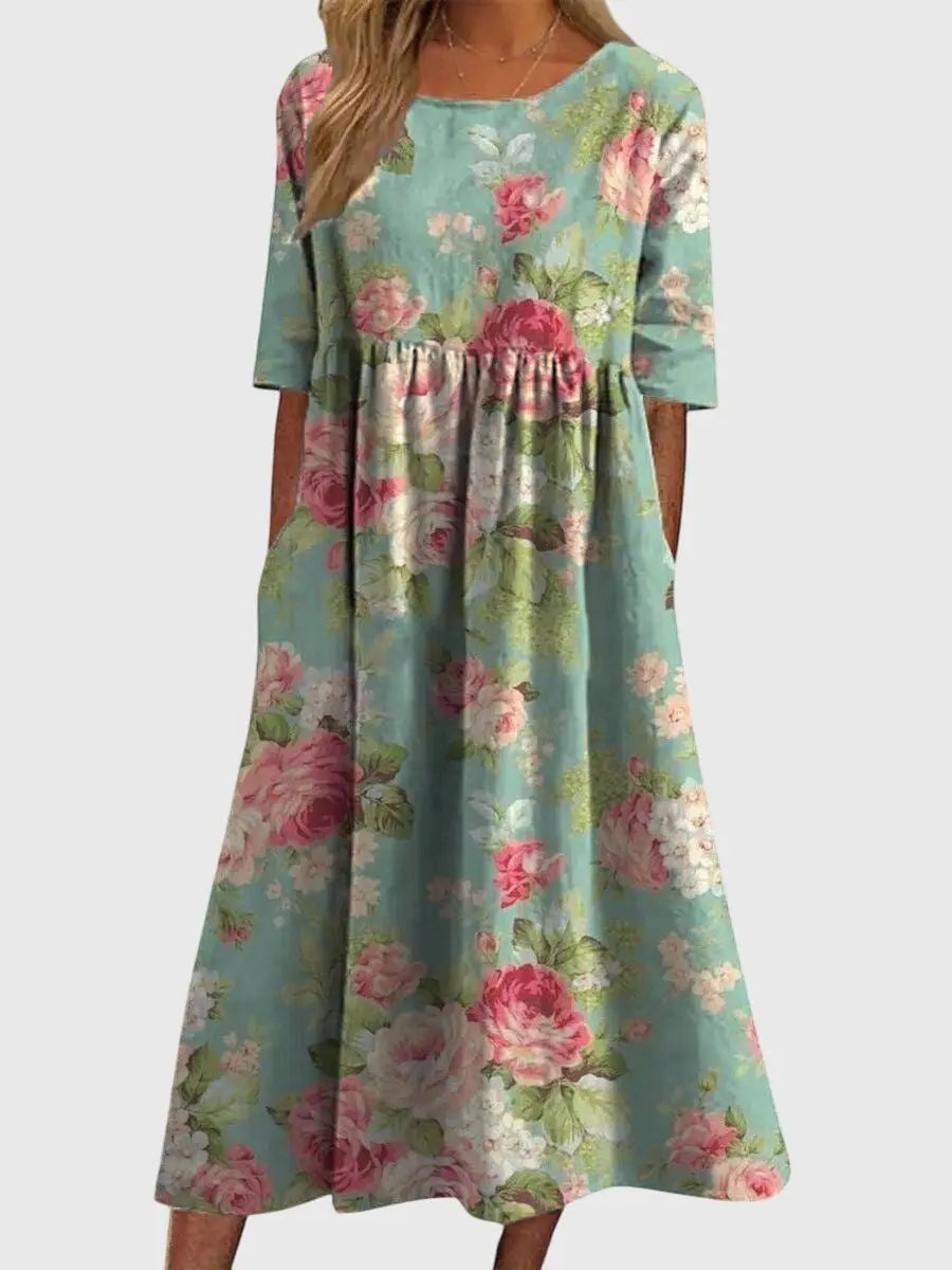 Maxi Dress Flowy Silhouette Three Quarter Sleeve Embroidered - Mint Green