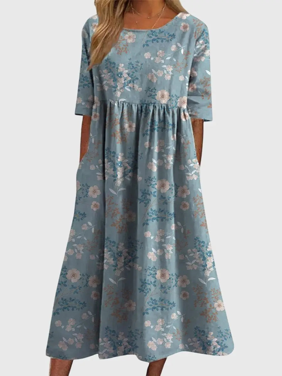 Maxi Dress Flowy Silhouette Three Quarter Sleeve Embroidered - Light Blue