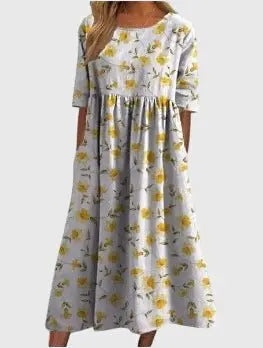 Maxi Dress Flowy Silhouette Three Quarter Sleeve Embroidered - Light Yellow
