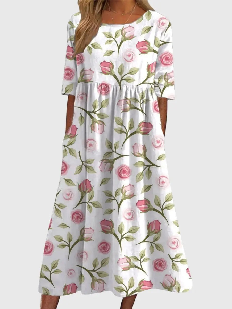 Maxi Dress Flowy Silhouette Three Quarter Sleeve Embroidered - White Pink