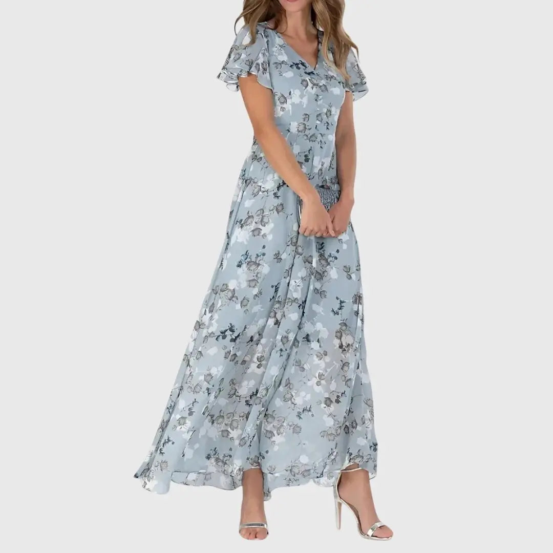 Maxi Dress Flutter Sleeves V-Neck Floral Print - Blue