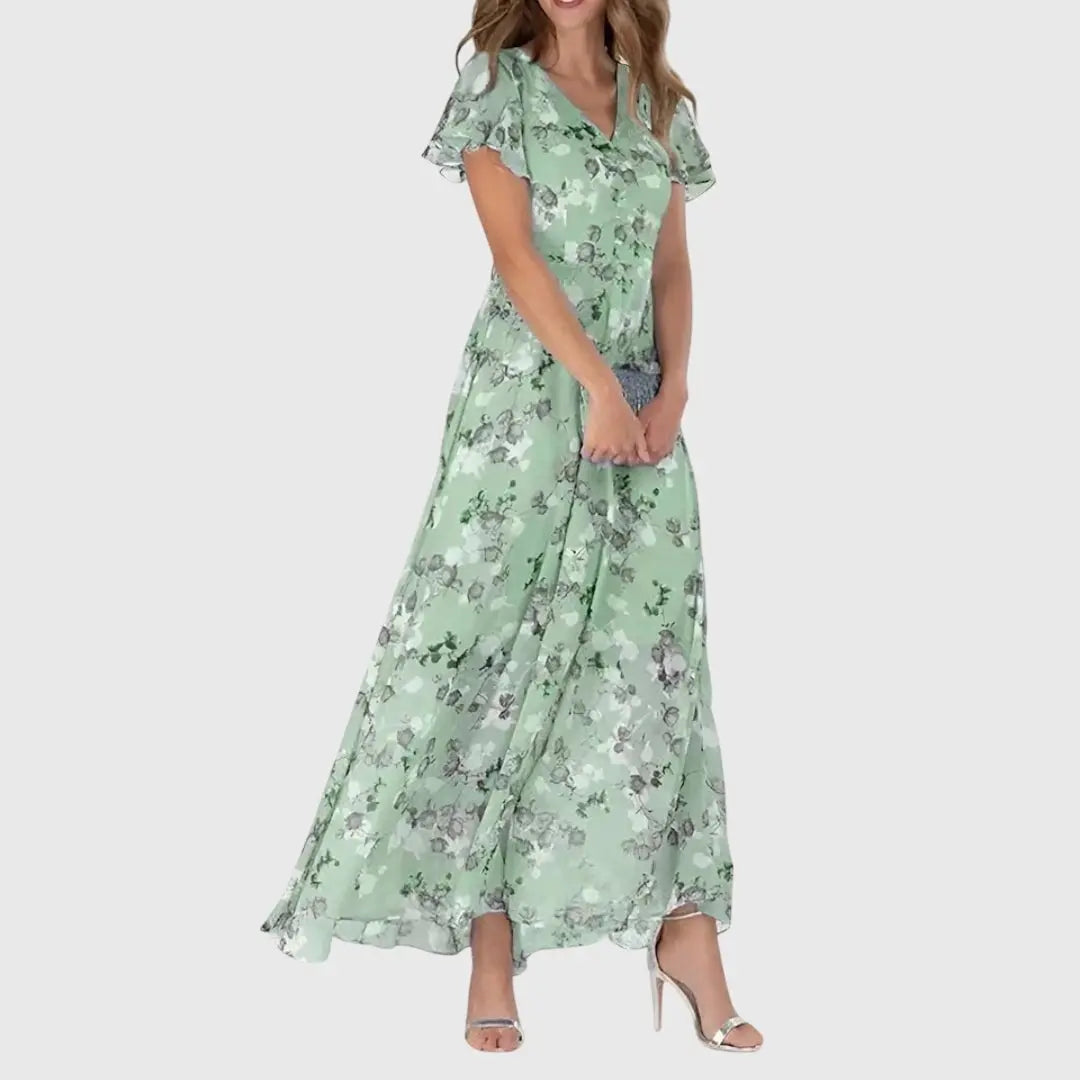 Maxi Dress Flutter Sleeves V-Neck Floral Print - Green