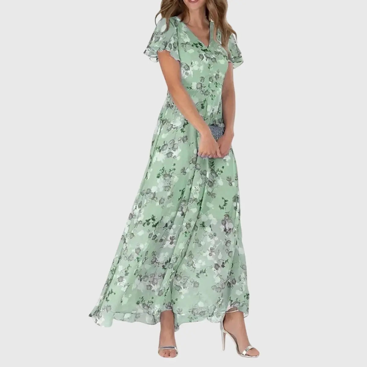 Maxi Dress Flutter Sleeves V-Neck Floral Print - Green