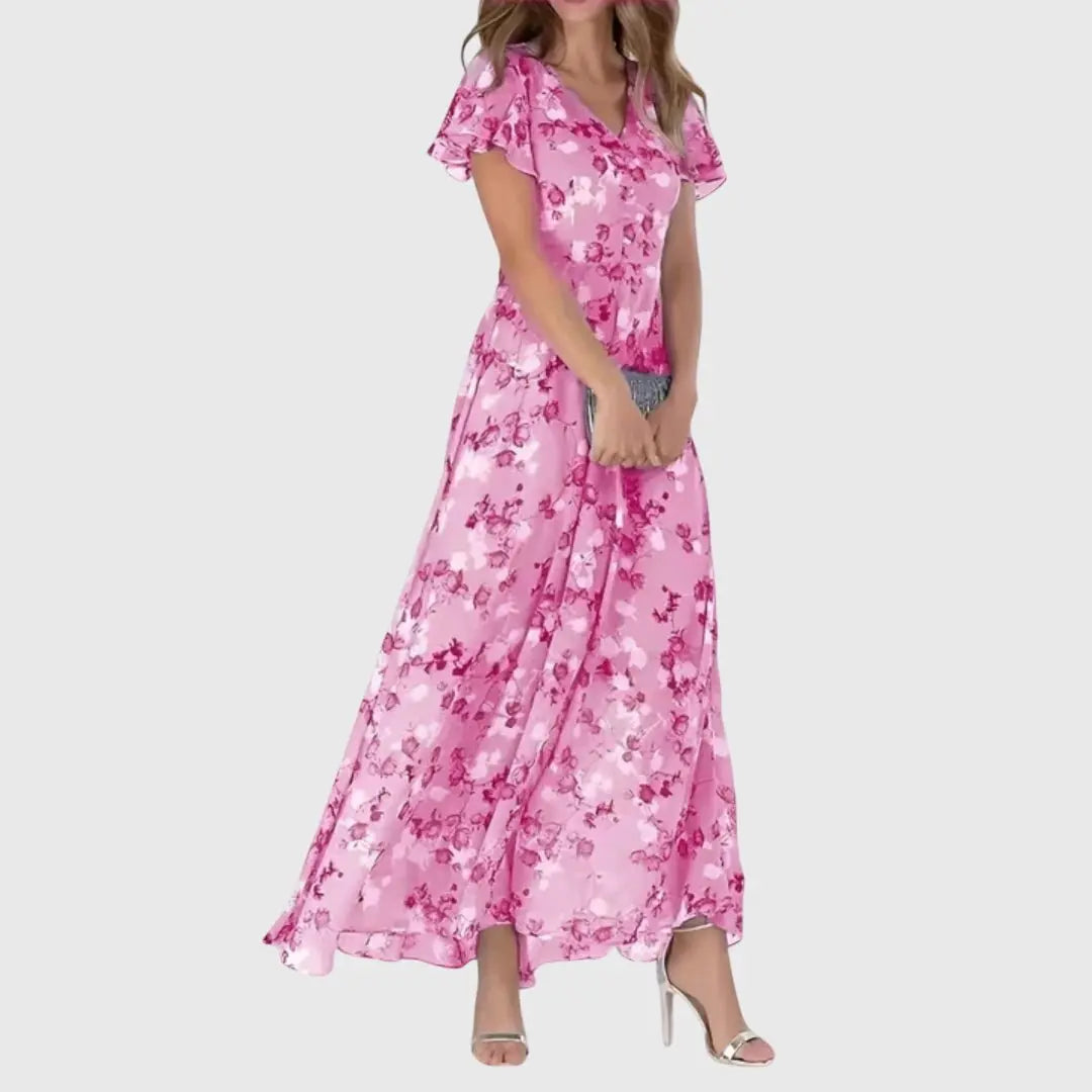 Maxi Dress Flutter Sleeves V-Neck Floral Print - Light Pink