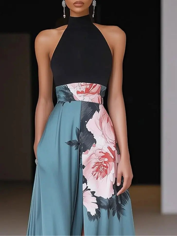 Maxi Dress Halterneck Floral A-Line Side Slit Sleeveless