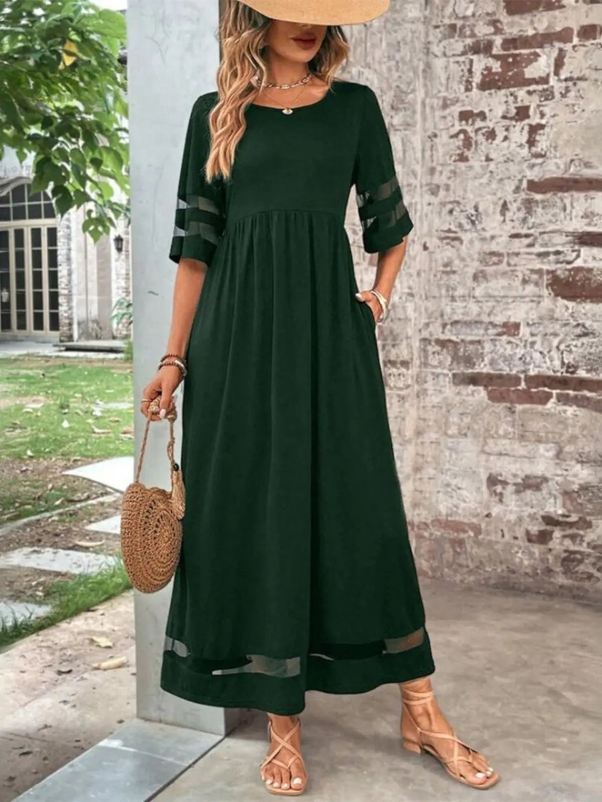 Maxi Dress Mesh Panel Sleeves Tummy Flattering Fit - Green