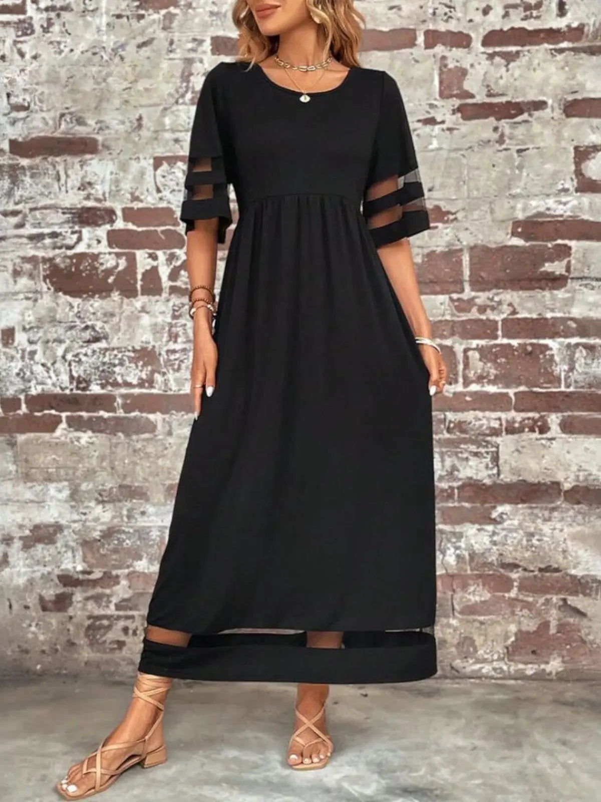 Maxi Dress Mesh Panel Sleeves Tummy Flattering Fit