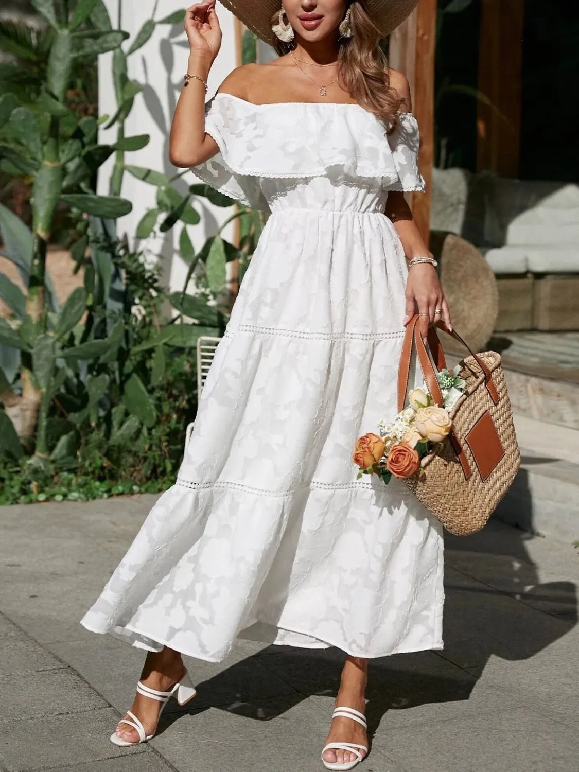 Maxi Dress Off Shoulder Tiered Ruffle Summer - White