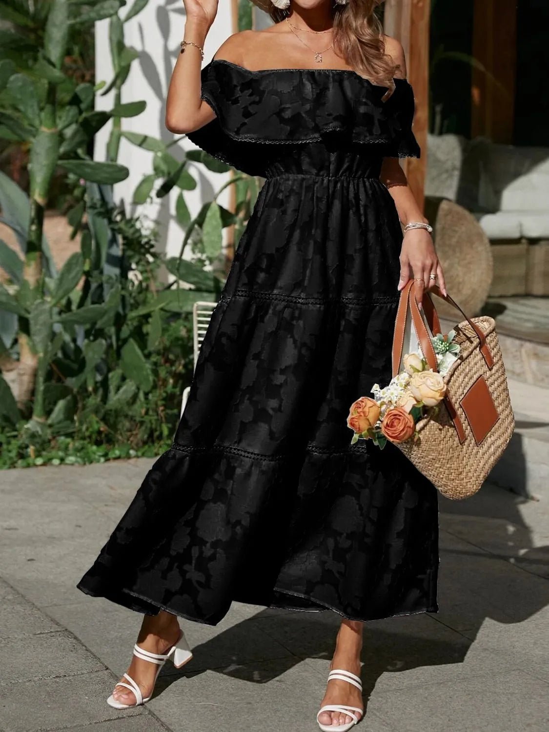 Maxi Dress Off Shoulder Tiered Ruffle Summer - Black