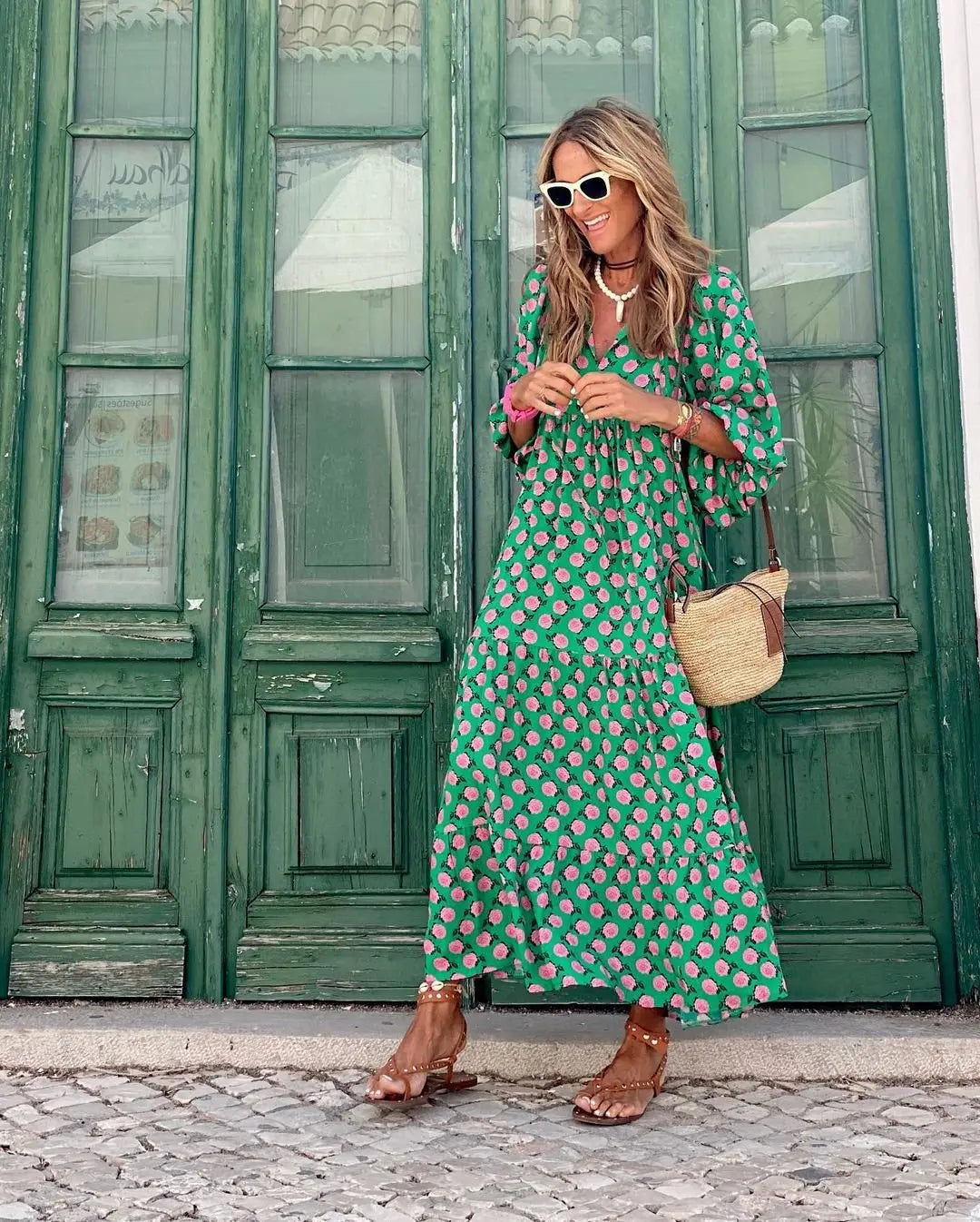 Maxi Dress Polka Dot Tiered Ruffle Long Sleeve Boho