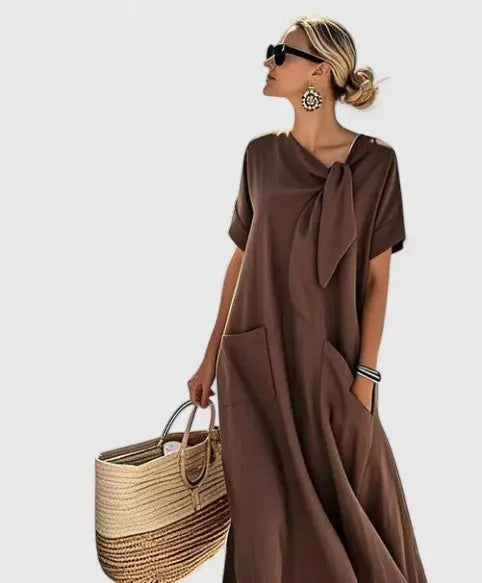 Maxi Dress Tie Neck Short Sleeve Relaxed Fit Pockets - Brown
