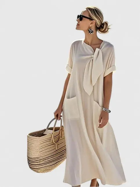 Maxi Dress Tie Neck Short Sleeve Relaxed Fit Pockets - Beige