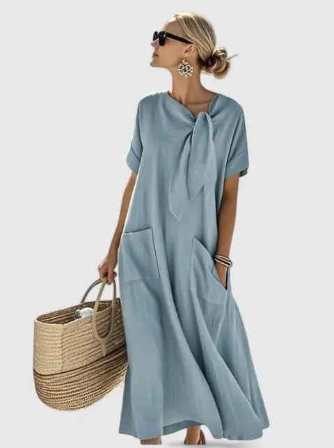 Maxi Dress Tie Neck Short Sleeve Relaxed Fit Pockets - Blue