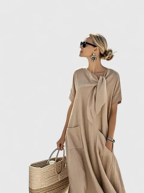 Maxi Dress Tie Neck Short Sleeve Relaxed Fit Pockets - Khaki