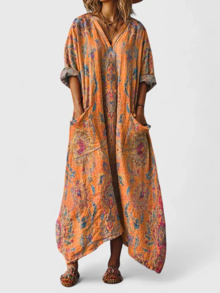 Maxi Dress V-Neck Bohemian Cotton Front Pockets - Orange