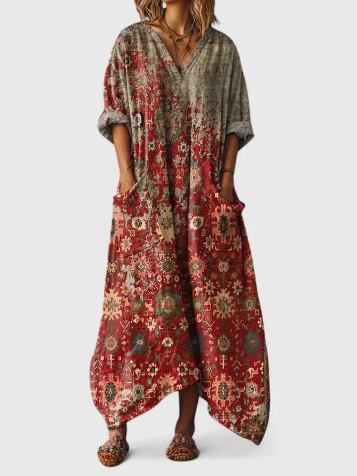 Maxi Dress V-Neck Bohemian Cotton Front Pockets - Red