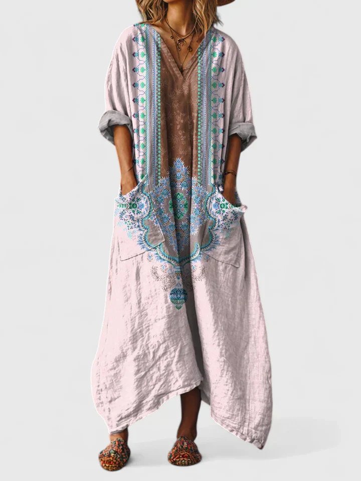 Maxi Dress V-Neck Bohemian Cotton Front Pockets - Light Pink