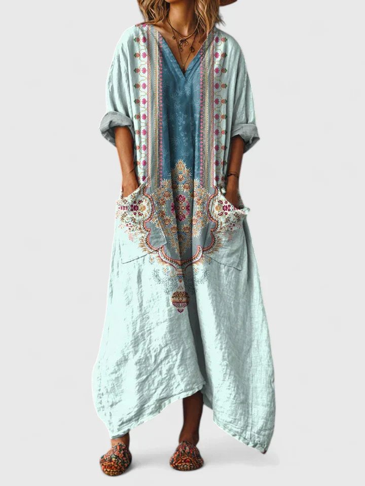 Maxi Dress V-Neck Bohemian Cotton Front Pockets - Powder Blue