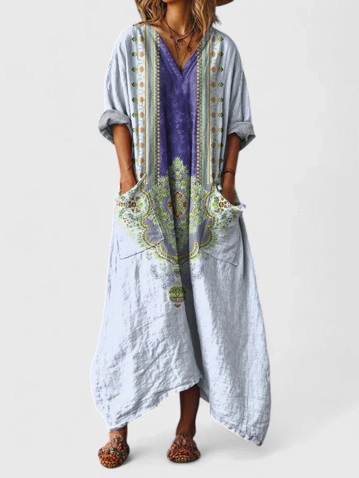 Maxi Dress V-Neck Bohemian Cotton Front Pockets - Light Blue