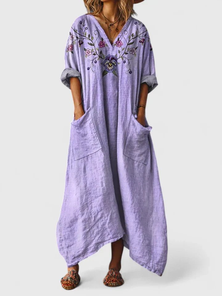 Maxi Dress V-Neck Bohemian Cotton Front Pockets - Purple
