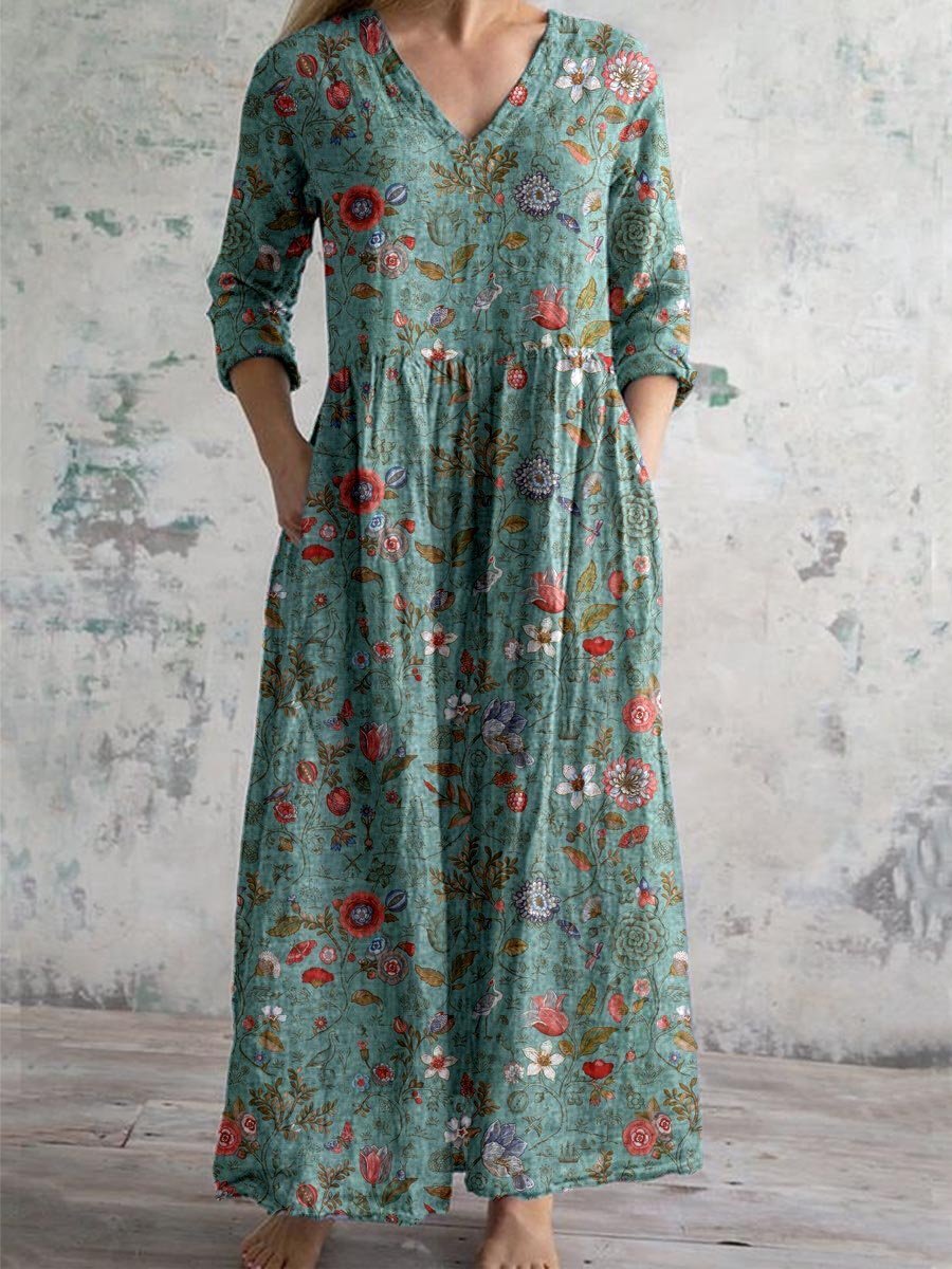 Maxi Dress V-Neck Bohemian Floral Cotton