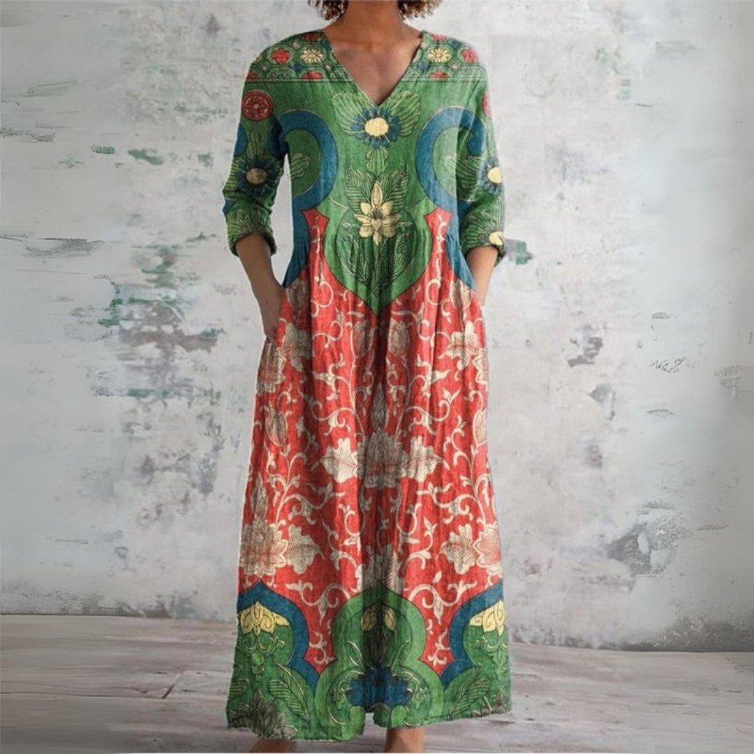 Maxi Dress V-Neck Bohemian Floral Linen