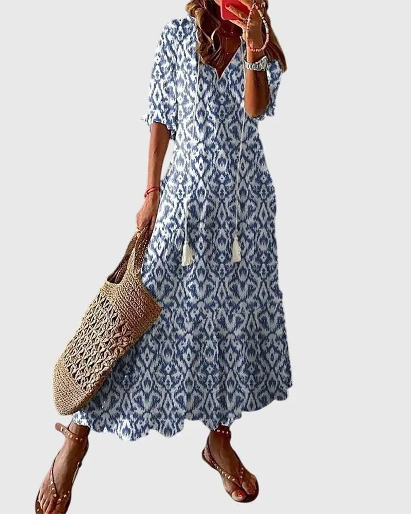 Maxi Dress V-Neck Bohemian Ikat Print Summer - Blue