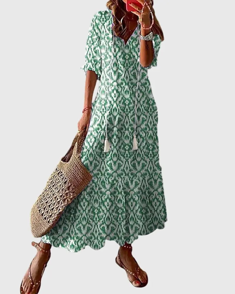 Maxi Dress V-Neck Bohemian Ikat Print Summer - Green (Almost sold out)