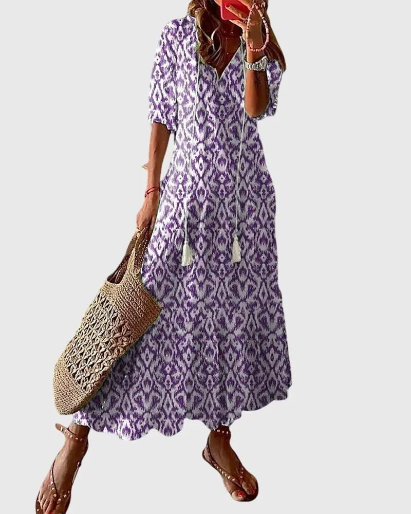 Maxi Dress V-Neck Bohemian Ikat Print Summer - Purple (Almost sold out)