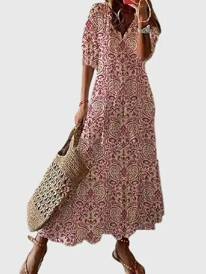 Maxi Dress V-Neck Bohemian Ikat Print Summer - Red