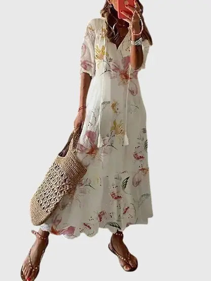 Maxi Dress V-Neck Bohemian Ikat Print Summer - White