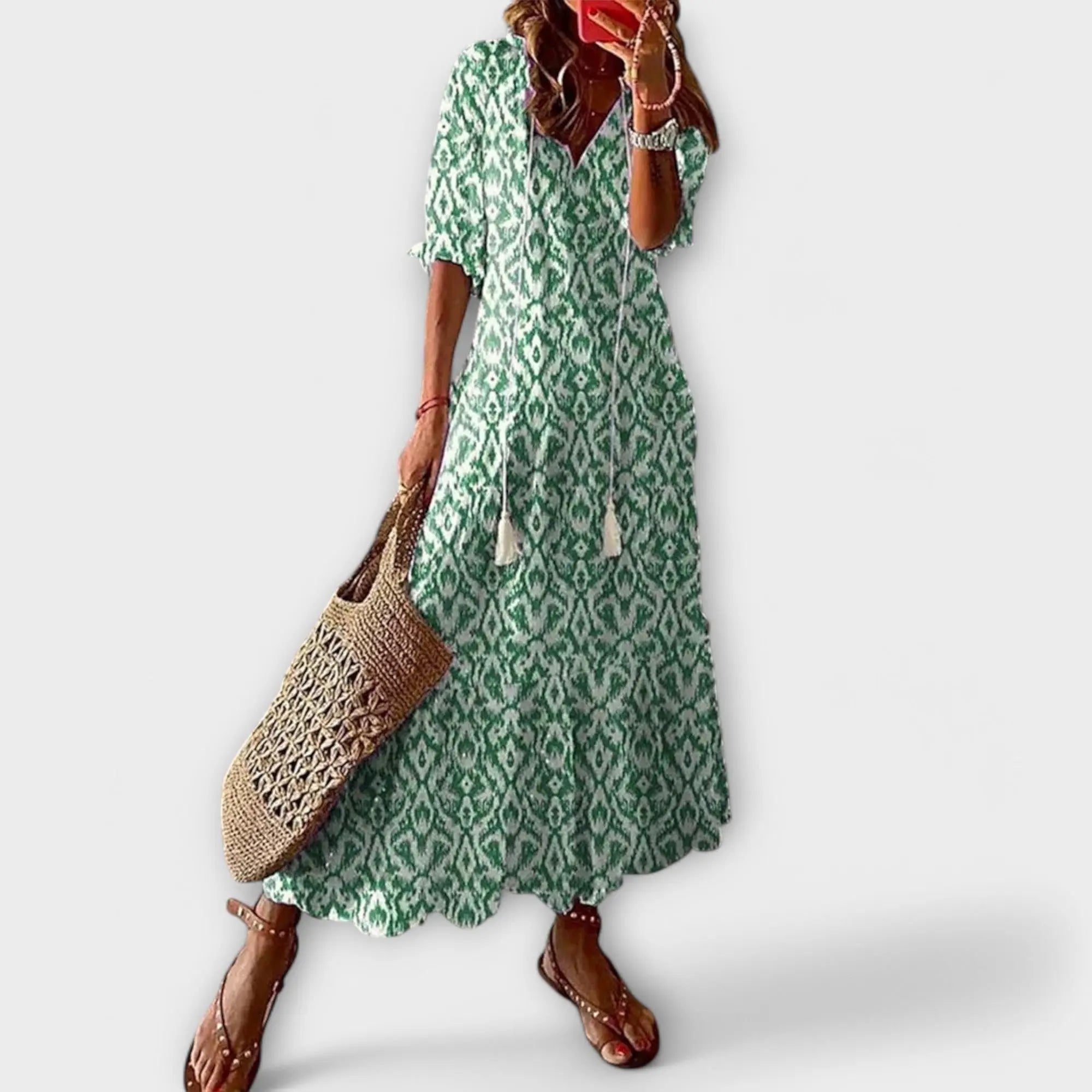 Maxi Dress V-Neck Bohemian Lightweight Tassel Tie - Green