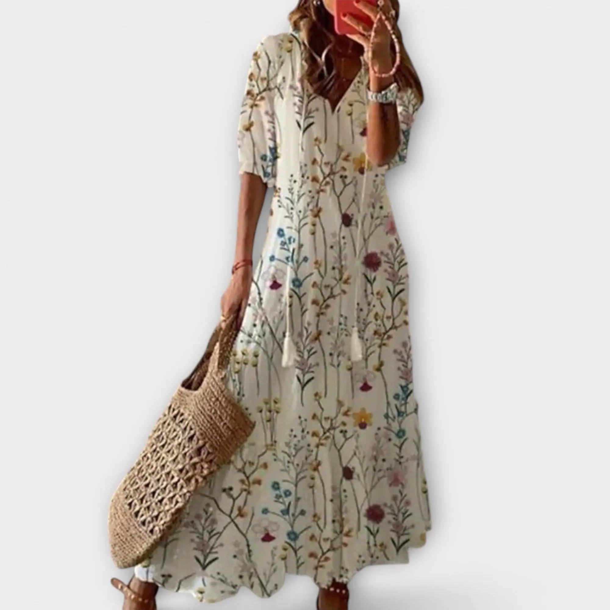 Maxi Dress V-Neck Bohemian Lightweight Tassel Tie - Multicolor