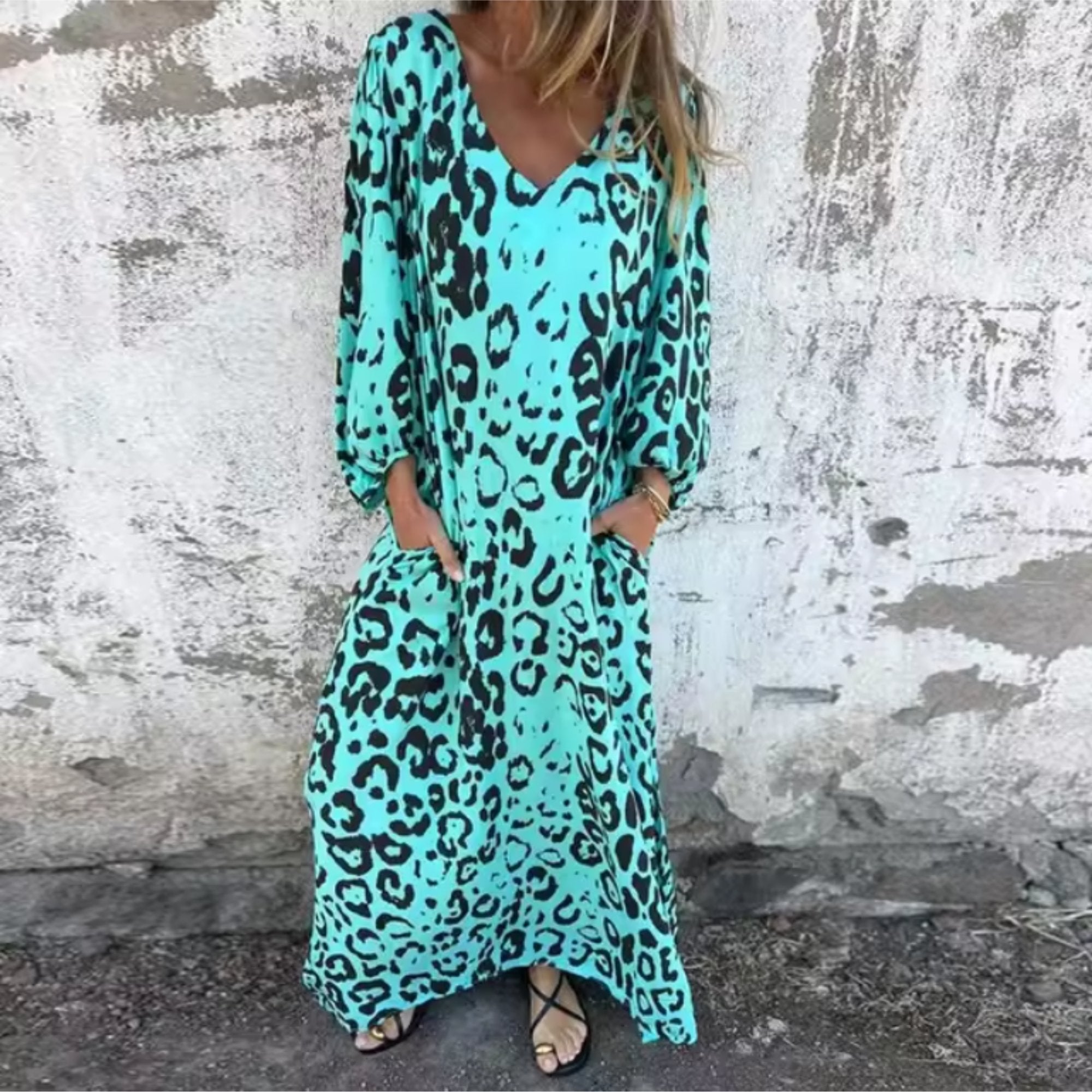 Maxi Dress V-Neck Leopard Print Long Sleeve - Turquoise